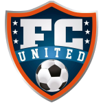 A soccer ball is in the center of a fc united shield.