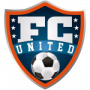 A soccer ball is in the center of a fc united shield.